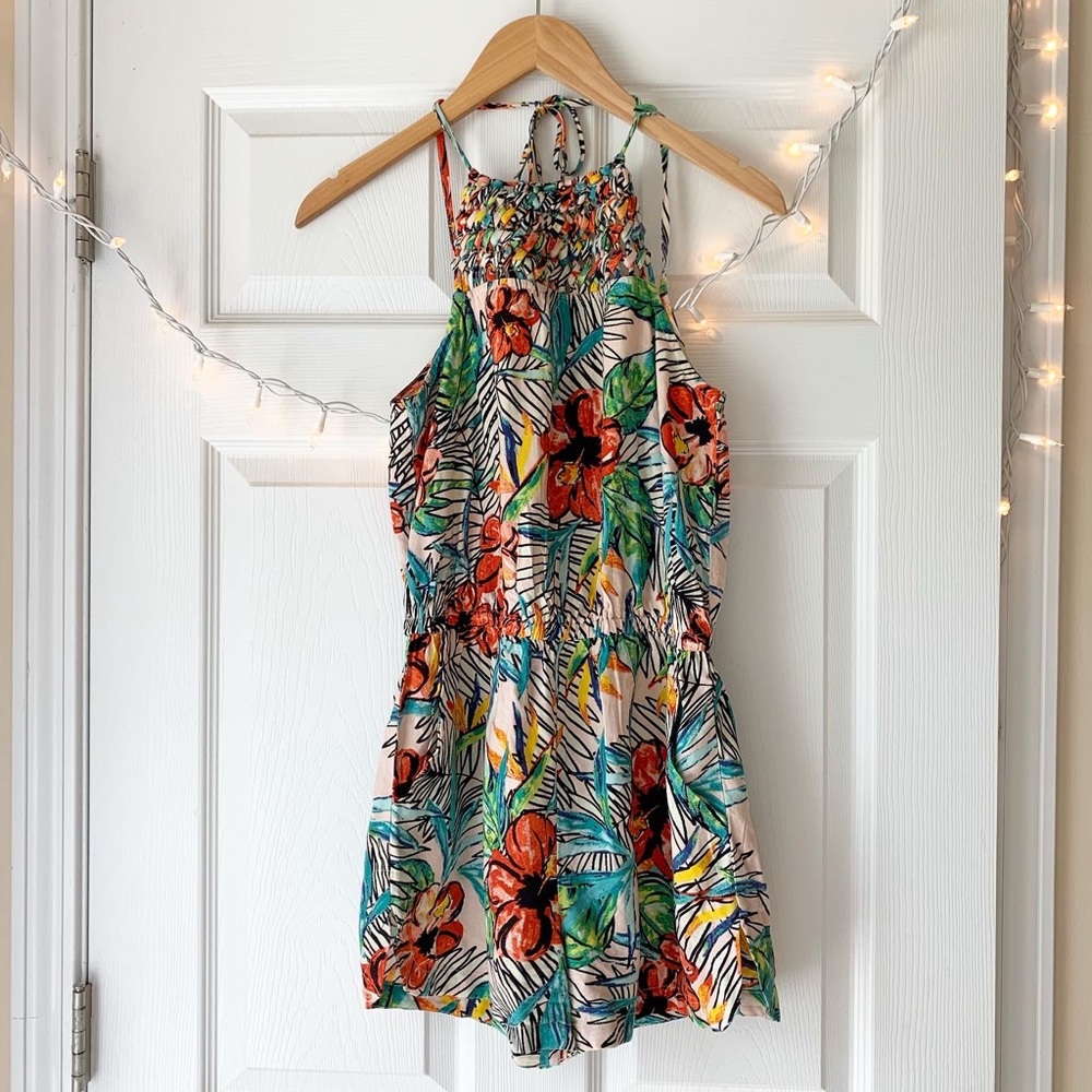Tropical print romper with pockets!